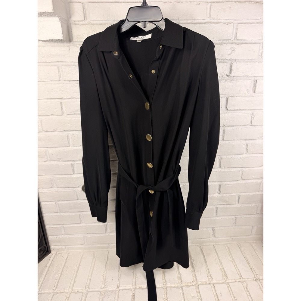 Office Siren Nine West Size 12 Black Gold Button Belted Shirt Dress